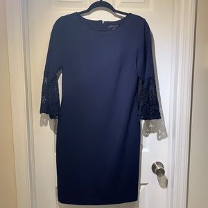 Sharagano navy lace bell sleeve dress